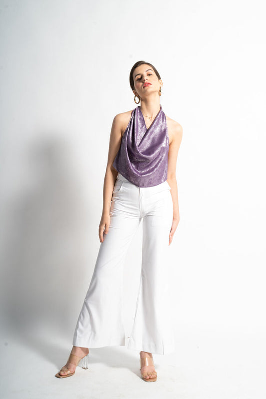 2000s Shimmer Halter Top in Purple | Metallic Cowl Neck Party Top