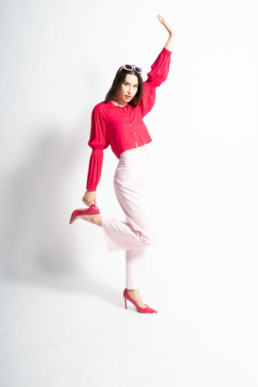 Hot Pink Linen Blend Cropped Shirt – Power with a Pop