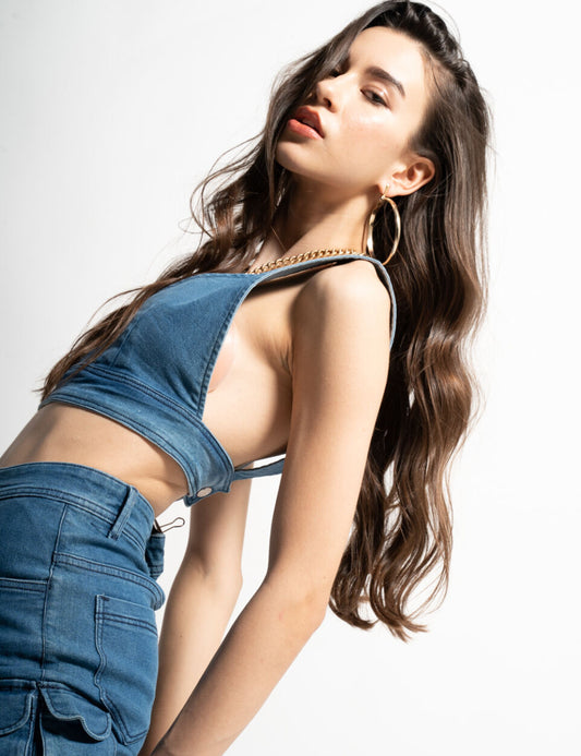 Reversible Denim Bralette Top | Dual Wash Denim Crop Top