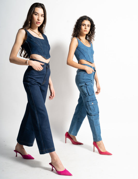 Dark Wash Denim Corset Top | Structured Cropped Denim Top with Zip Back