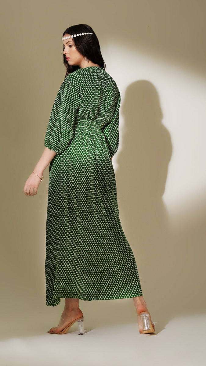 Diana Green Printed Maxi Dress – Satin Pleated Balloon Sleeve