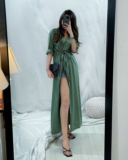 Mint Wrap Trench Coat Dress – Stylish Belted Longline Coat for Women