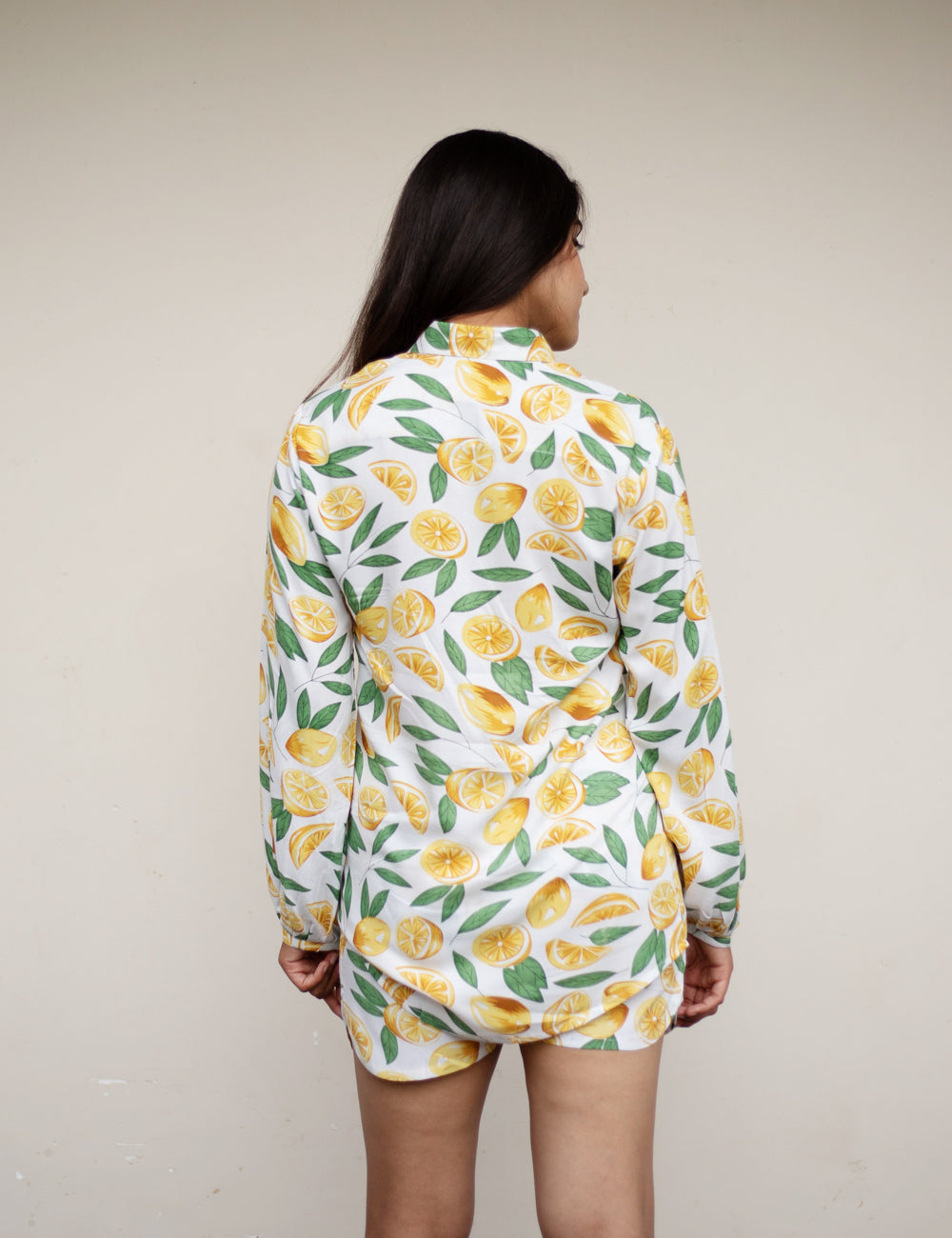 Lemon Yellow Printed Cotton Co-ord Set – Relaxed Shirt & Shorts for Women