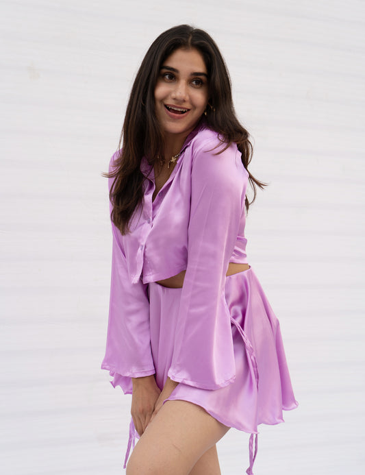 Lilac Satin Daisy Co-ord Set for Women – Crop Shirt & Flippy Skirt