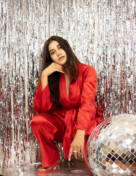 Women’s Red Satin Scarlet Co-ord Set – Wrap Jacket with Bell Sleeves & High-Waist Pants