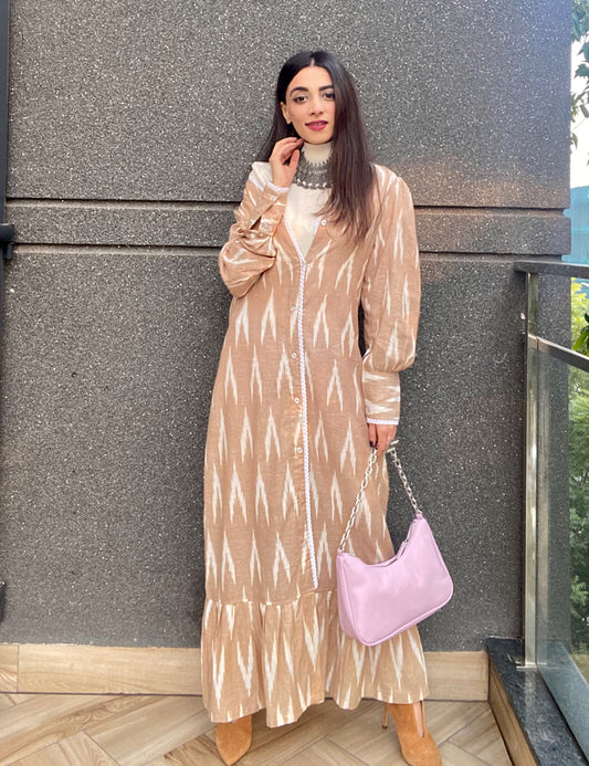 Beige Ikat Maxi Dress – Cotton Tiered Button Front Dress