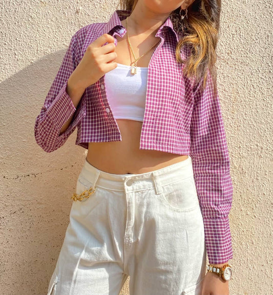 Purple Check Crop Shirt – Playful & Chic