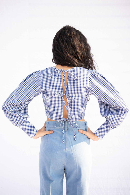 Checked Crop Top with Tie-Up Back | Puff Sleeve Cotton Top