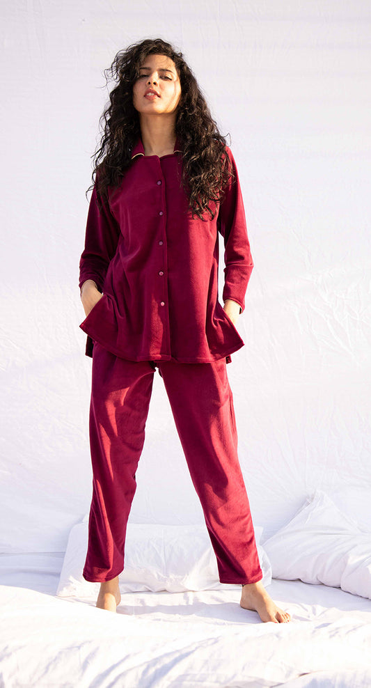Velvet Pajama Set in Oxblood – Luxe Winter Loungewear