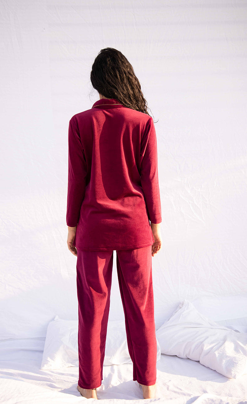 Velvet Pajama Set in Oxblood – Luxe Winter Loungewear