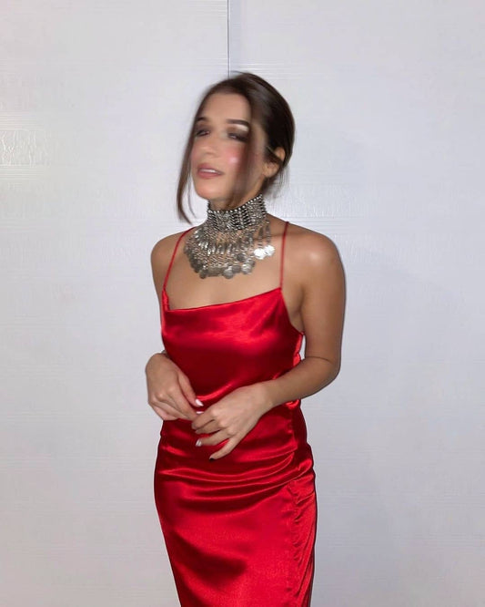 Red Satin Maxi Dress with Spaghetti Straps – Elegant Slip Style