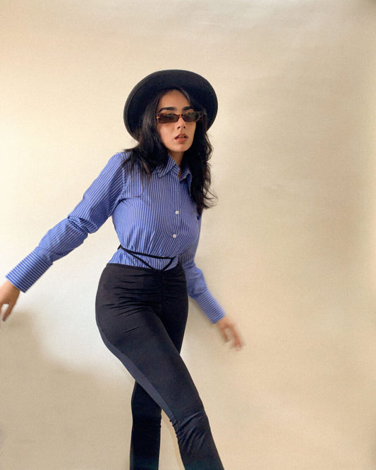 Classic Blue Pinstripe Office Cotton Shirt – Long Sleeve Workwear Blouse