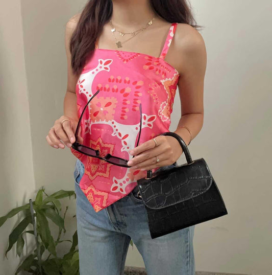 Scarf Print Satin Halter Top | Tie-Back Crop