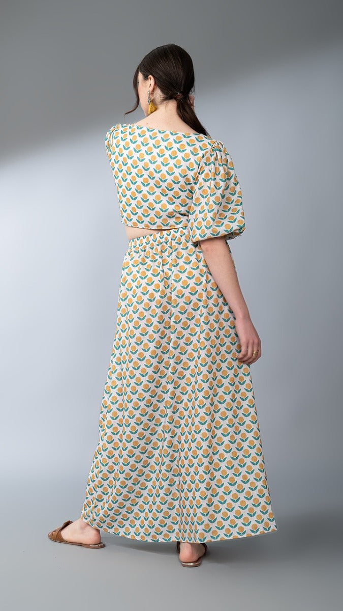 Women’s Printed Linen Meadow Co-ord Set – Tie-Up Crop Top & A-Line Maxi Skirt