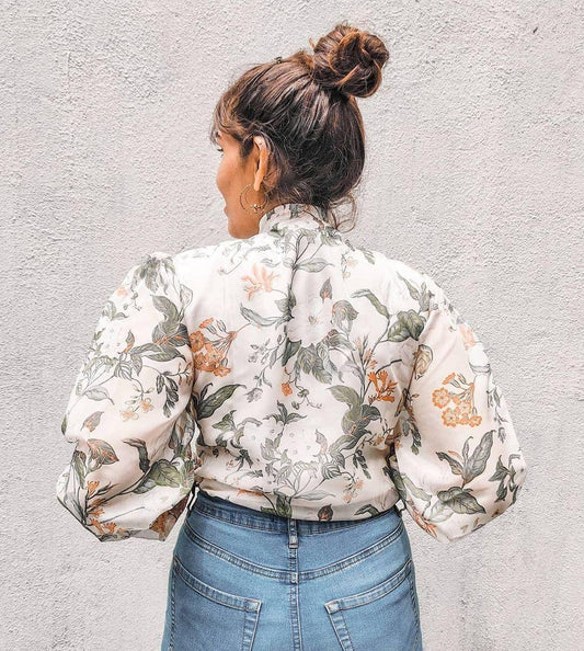 Nia Floral Organza Pussy-Bow Blouse – Balloon Sleeve Sheer Top