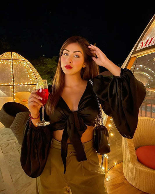 Black Satin Puff Sleeve Tie-Up Top | Dramatic Bow Crop Top