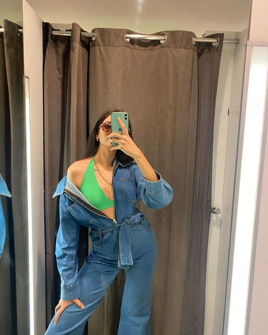 Denim Belted Jumpsuit in Mid-Wash – Vintage Utility Style