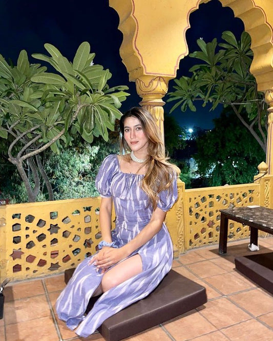 Blue Ikat Maxi Dress – Corset Bodice Puff Sleeve Long Dress