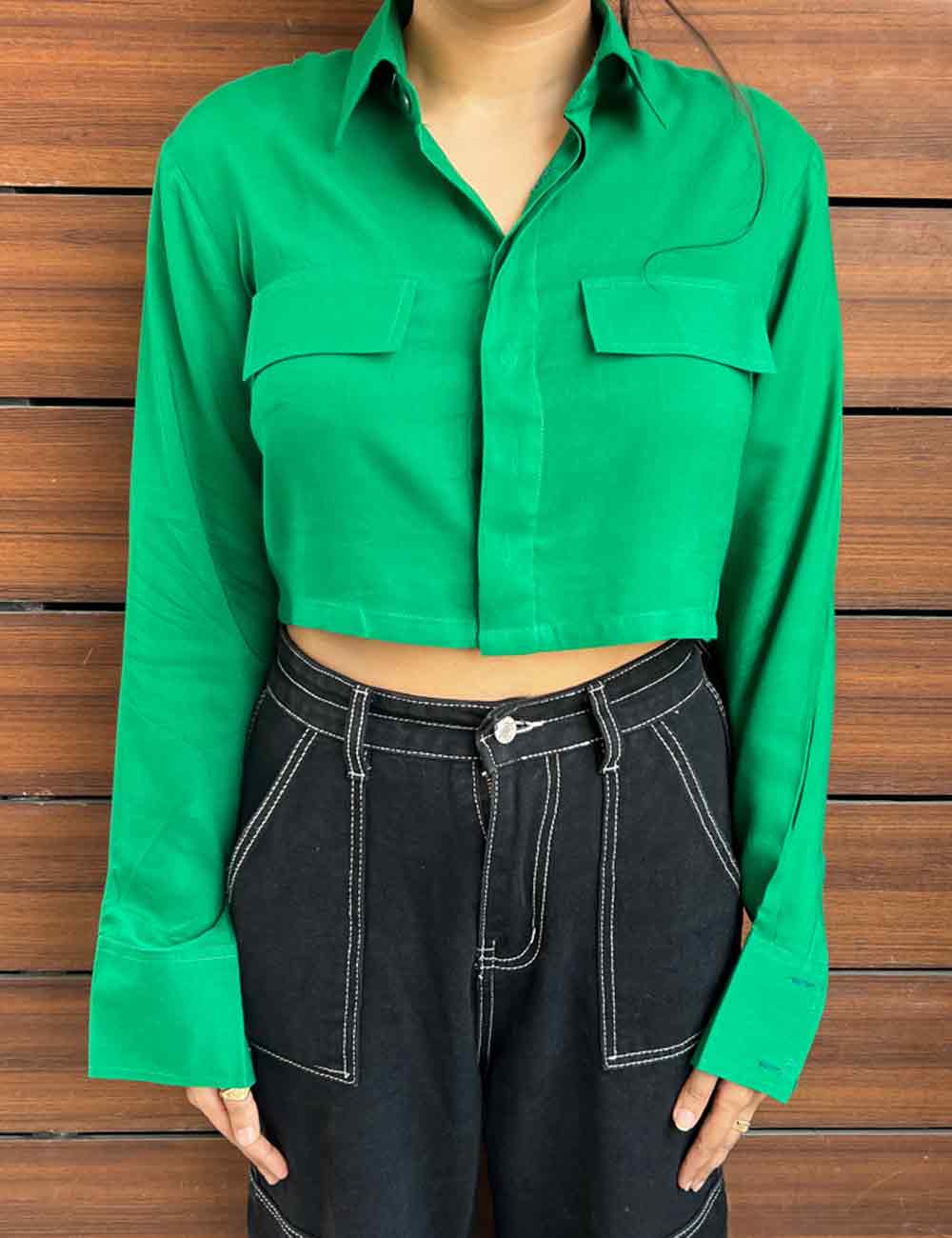 Green Cropped Rayon Shirt
