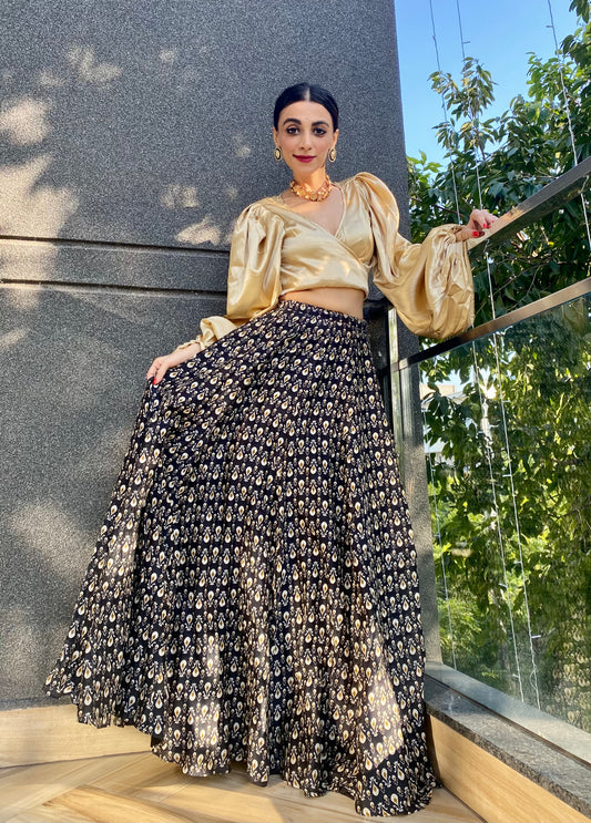 Gold Satin Wrap Top with Dramatic Sleeves – Statement Party Wear