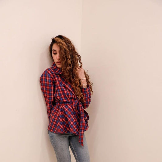 Red Check Tie-Up Jacket – Casual Plaid Front-Tie Outerwear