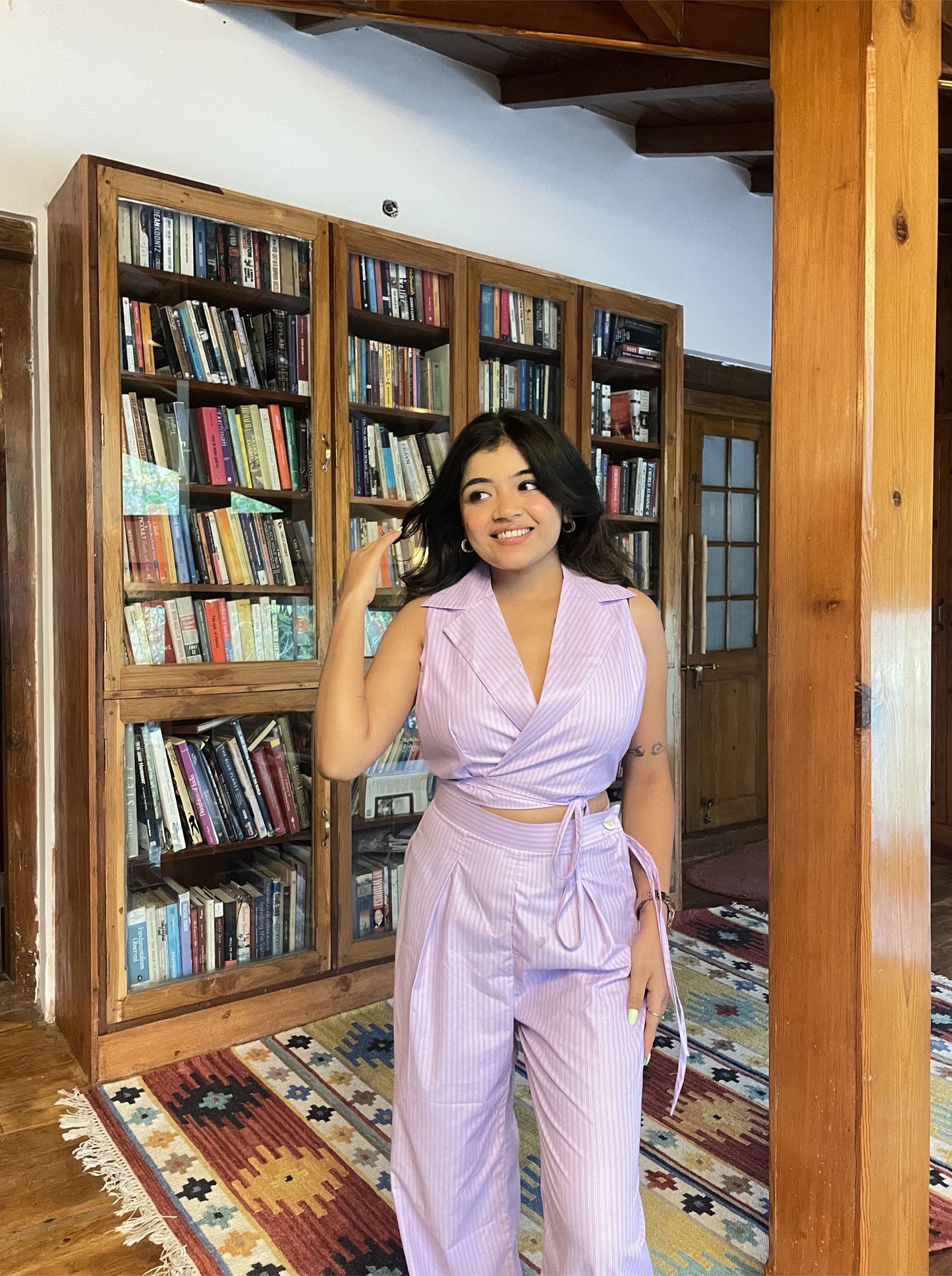 Women’s Lavender Lilac Bae Co-ord Set – Tie-Up Waist Crop Top & High-Waist Flared Pants