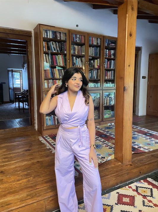 Women’s Lavender Lilac Bae Co-ord Set – Tie-Up Waist Crop Top & High-Waist Flared Pants