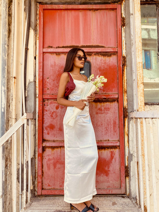 White Satin Maxi Dress with Spaghetti Straps – Elegant Slip Style
