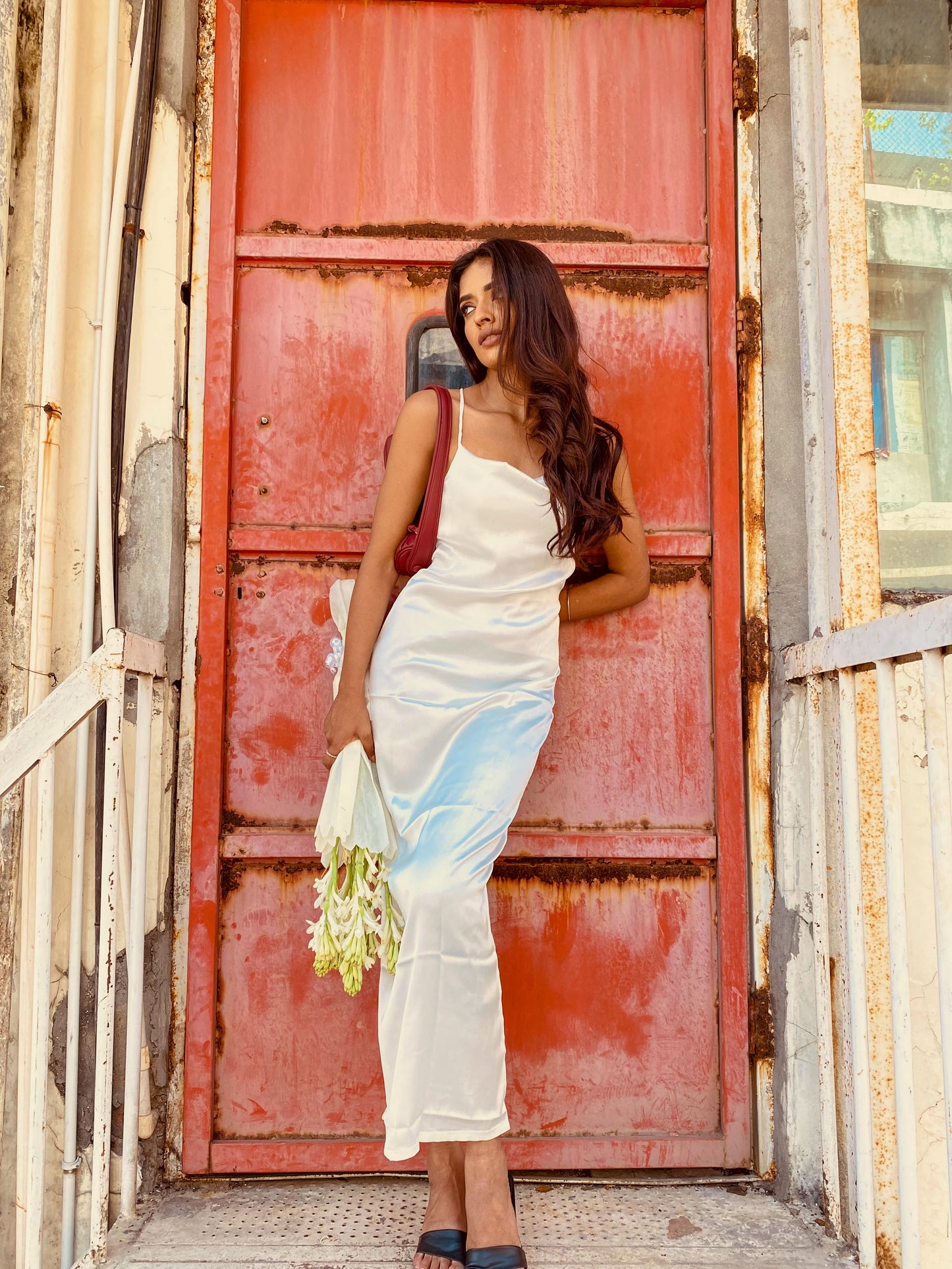 White Satin Maxi Dress with Spaghetti Straps – Elegant Slip Style