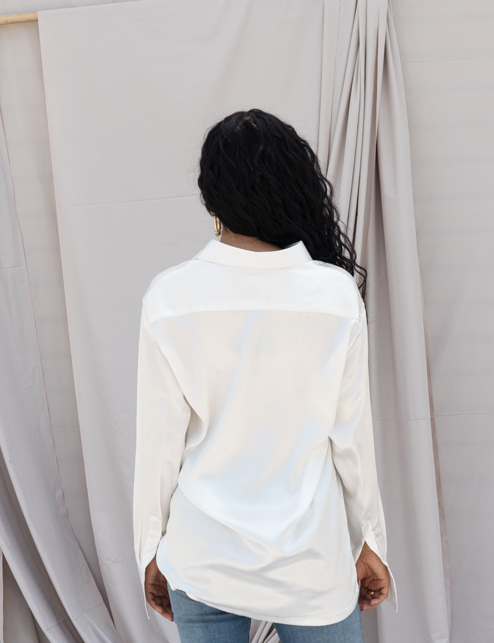 White Satin Shirt for Women – Notch Collar, Relaxed Fit