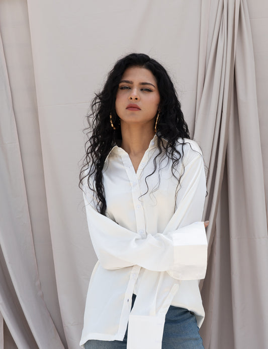 White Satin Shirt for Women – Notch Collar, Relaxed Fit