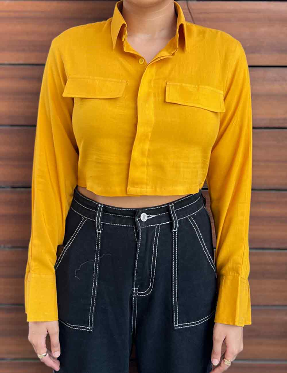 Mustard Cropped Rayon Shirt