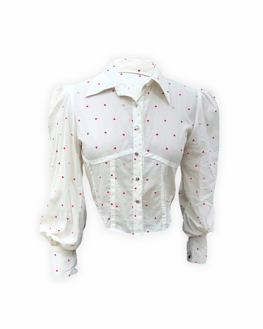 White Puff Sleeve Shirt with Red Heart Print – Corset Inspired Crop Shirt