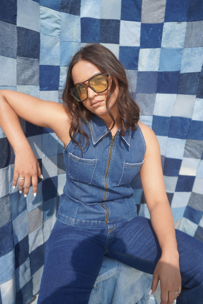 Winston Denim Vest Top | Structured Zip-Front Collared Top