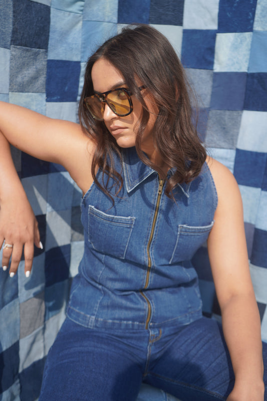 Winston Denim Vest Top | Structured Zip-Front Collared Top