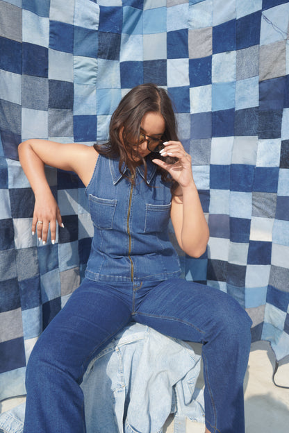Winston Denim Vest Top | Structured Zip-Front Collared Top