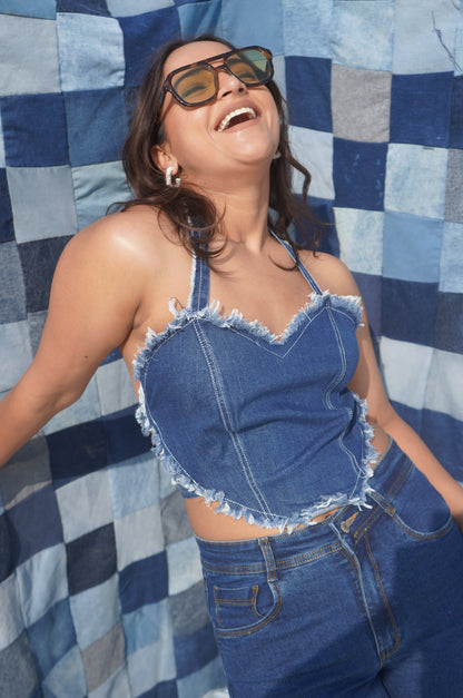 Denim Heart Corset Top | Dark Blue Tie-Back Bustier