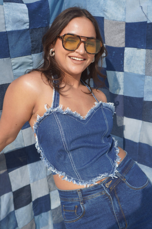 Denim Heart Corset Top | Dark Blue Tie-Back Bustier