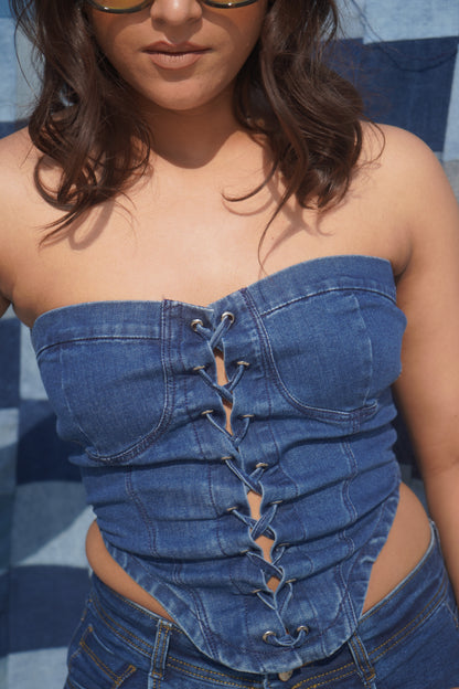Montana Denim Corset Top | Dark Blue Strapless Denim Bustier