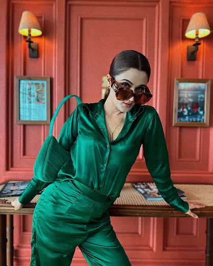 Women’s Green Satin Emerald Co-ord Set – Button Down Shirt & High-Waist Flared Pants