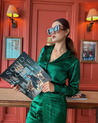 Women’s Green Satin Emerald Co-ord Set – Button Down Shirt & High-Waist Flared Pants