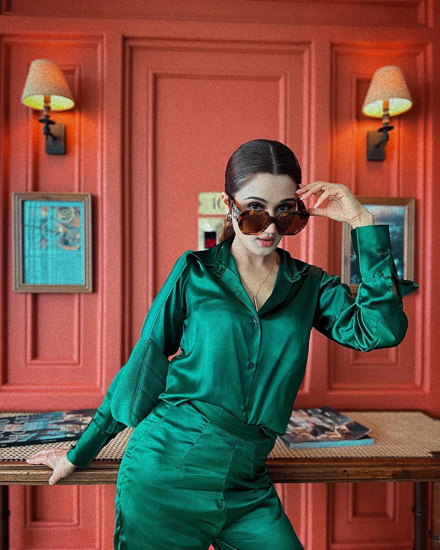 Women’s Green Satin Emerald Co-ord Set – Button Down Shirt & High-Waist Flared Pants