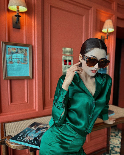 Women’s Green Satin Emerald Co-ord Set – Button Down Shirt & High-Waist Flared Pants