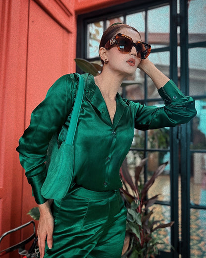 Women’s Green Satin Emerald Co-ord Set – Button Down Shirt & High-Waist Flared Pants