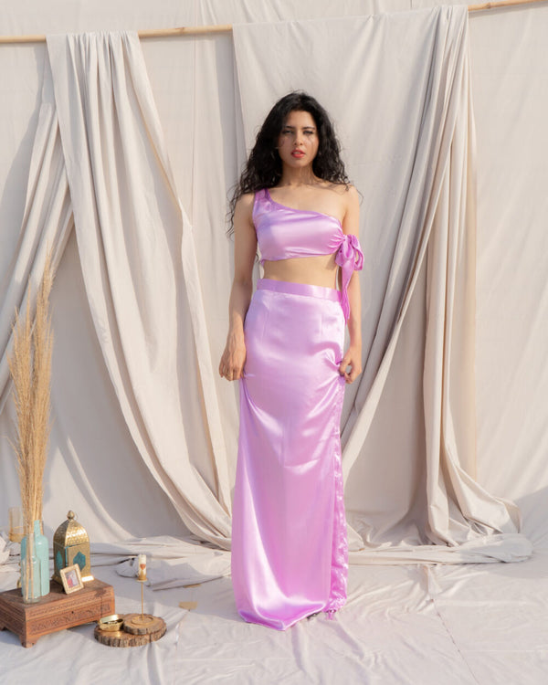 SATIN CROP TOP AND LONGLINE SKIRT CO-ORD SET IN LILAC