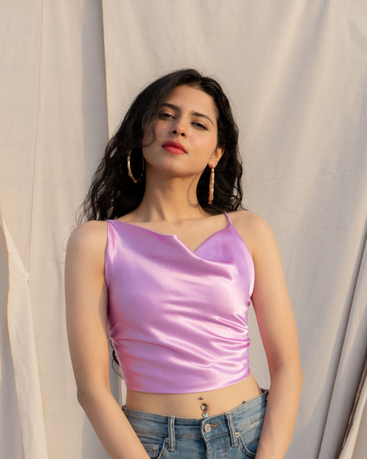 Lilac Satin Cowl Neck Crop Top | Glossy Backless Party Top