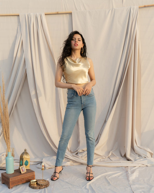 Gold Satin Cowl Neck Crop Top | Glossy Backless Party Top