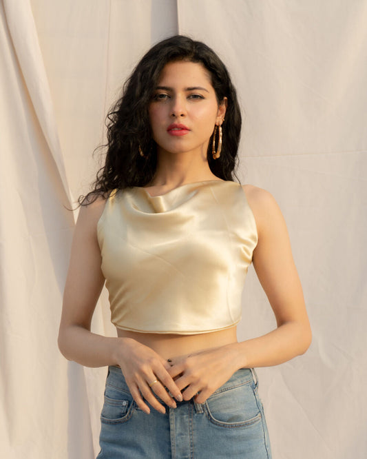 Gold Satin Cowl Neck Crop Top | Glossy Backless Party Top