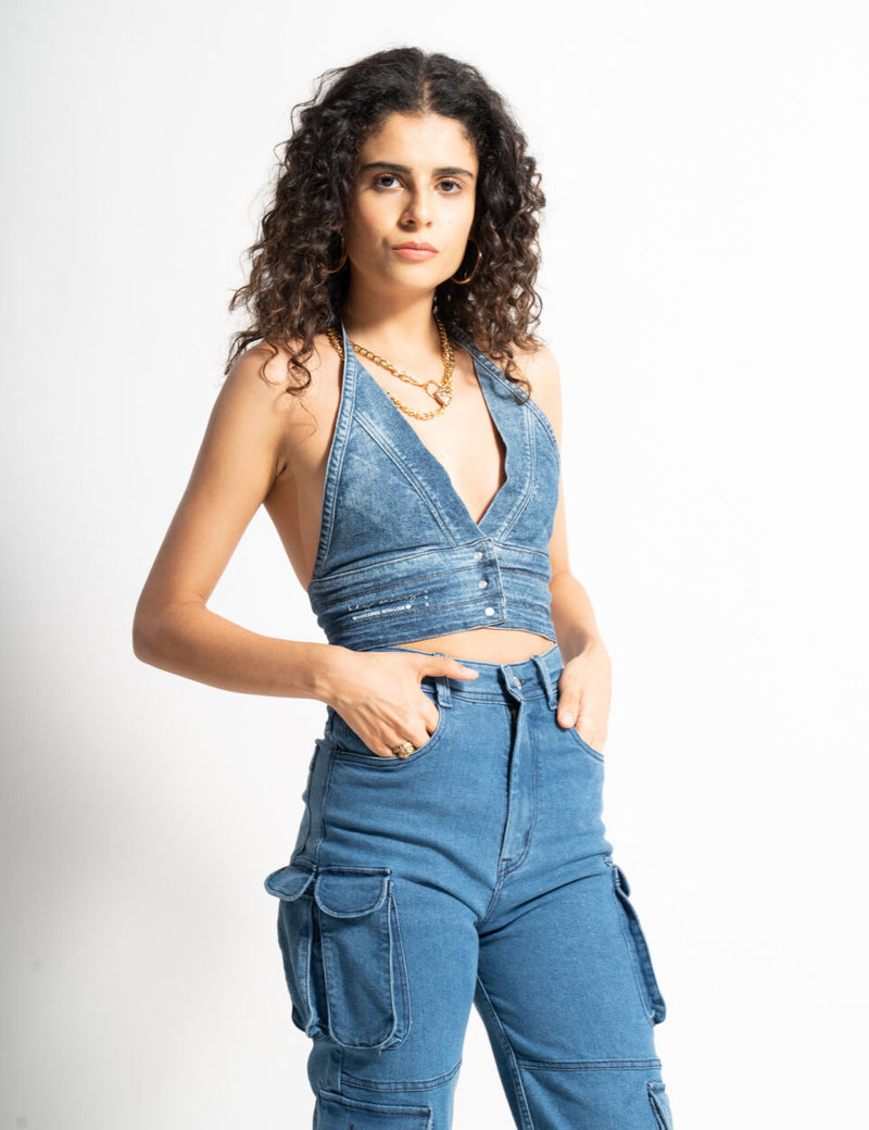 REVERSIBLE DENIM BRALETTE WITH BUTTONS